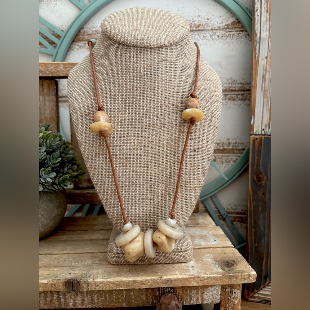 Women's Natural Bead Necklace with  Leather Cord BOHO NEW!